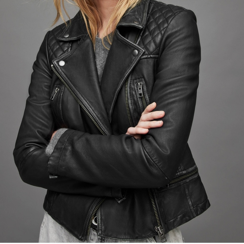 ALLSAINTS Catch Sheep Leather Moto Biker Jacket in Black silver hardware Size 0.
